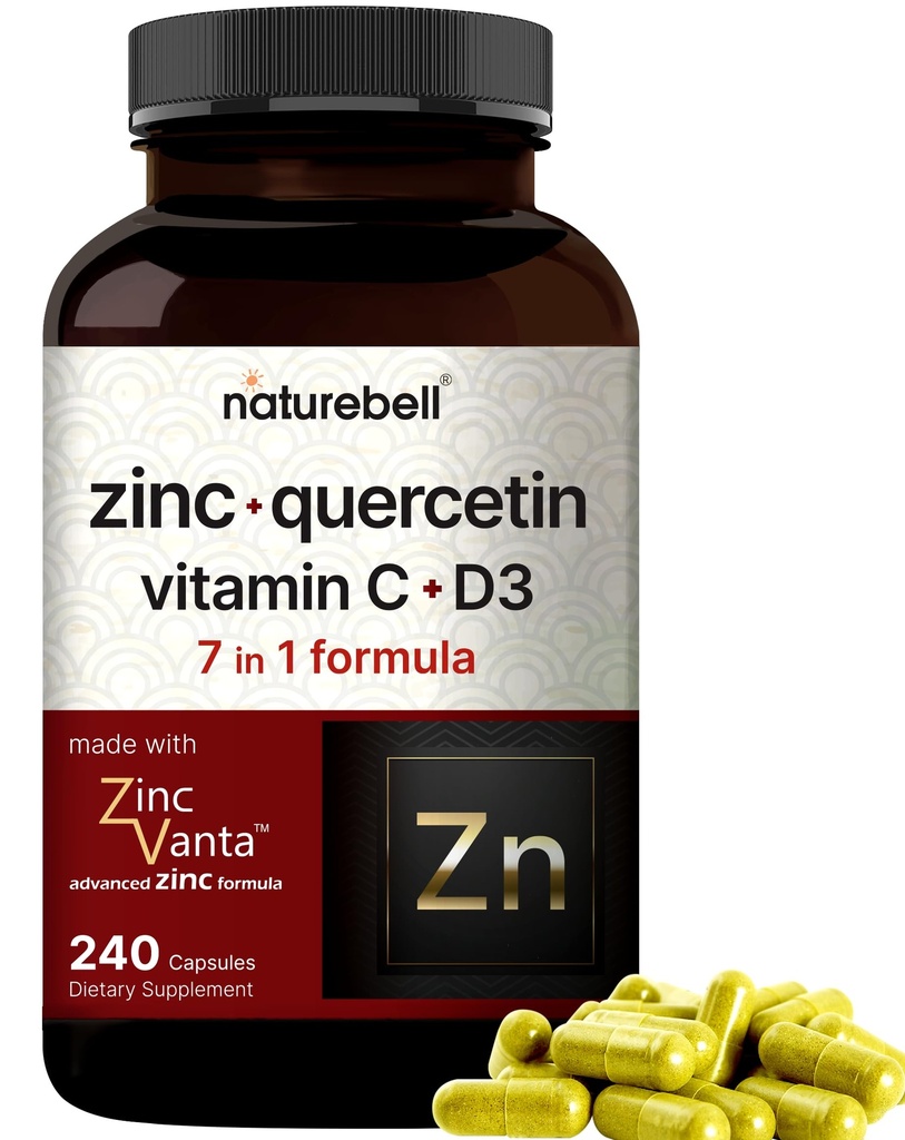 NatureBell Zinc Quercetin with Vitamin C & D3, 240 Capsules | Quercetin 1,000mg + Zinc 50mg + Vitamin C 250mg + Vitamin D3 5,000 IU | 4-in-1 Advanced Immune & Lung Support | ZincVanta Formula