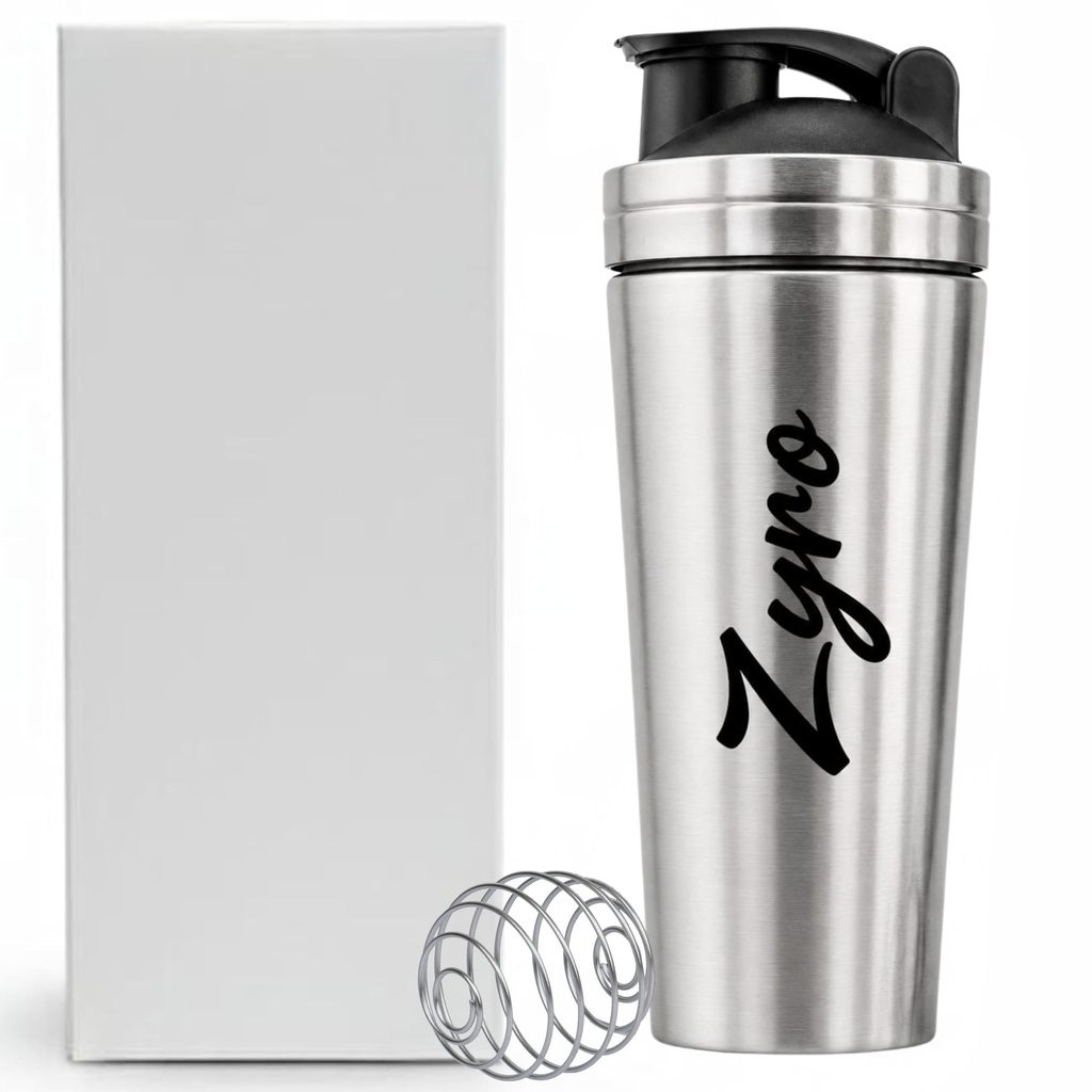 Zyro Premium Stainless Steel Gym Shaker Bottle | 750ML Leak-Proof Protein & Pre-Workout Mixer | Durable Sports Bottle with Steel Mixer Ball | Hot & Cold Compatible