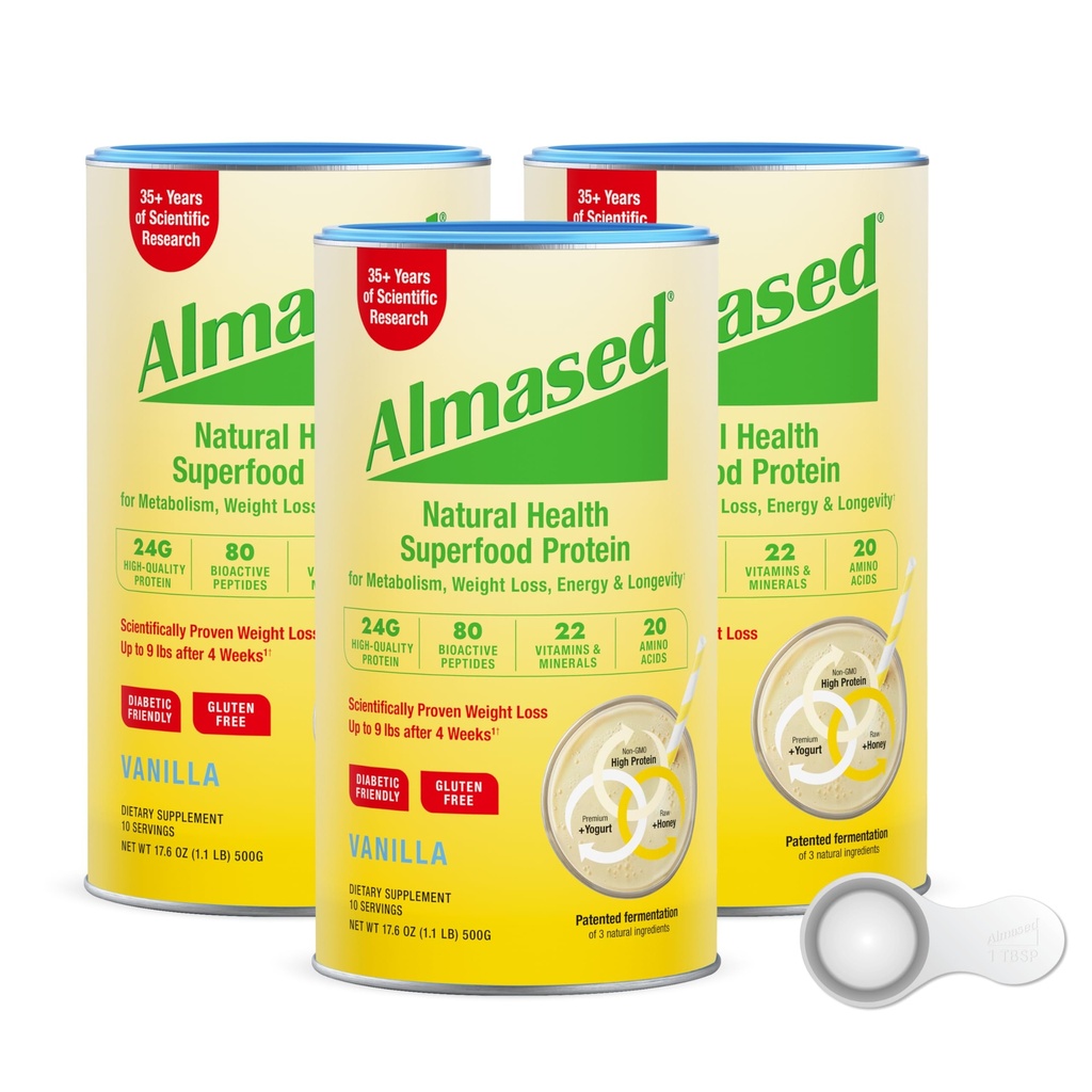 Almased Protein Powder for Weight Loss Kit for Men & Women, Natural Meal Replacement Shake for Weight Loss, Supplement, 24 Grams of Protein Per Serving (Vanilla Flavor, 3 Cans @ 17.6 oz ea + Scoop)