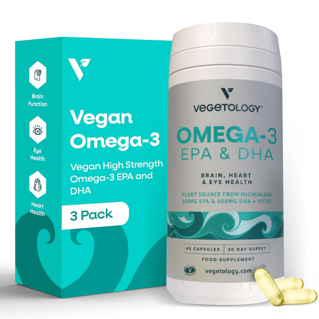 Vegan Omega 3 补充 – EPA,DHA 补充和维生素 D3 – Algae Omega 3 Vegan 补充 大脑,眼睛和心脏健康 – 儿童与成年人 (180 Capsules)
