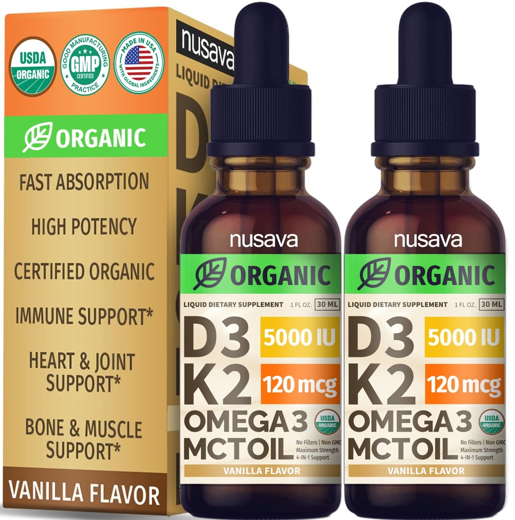 (2包)有机维生素D3 K2 与MCT Oil Omega 3,5000 IU-最大强度维生素D液体,无填充器,用于更快吸收和免疫支持的非GMO液体D3(Vanilla, 1 Fl OZ x 2)