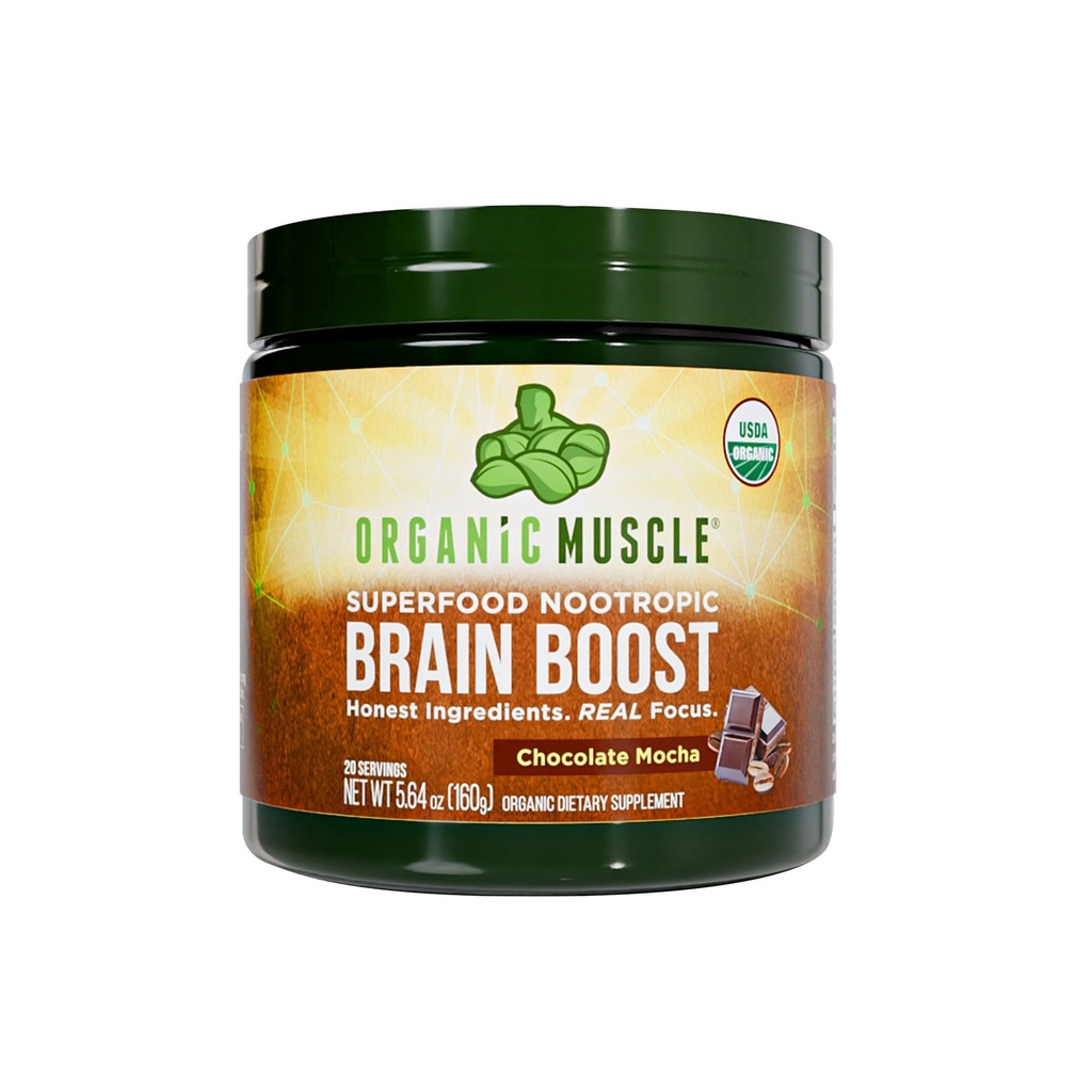 Organic Muscle Brain Boost Nootropics Blend - Vegan & Organic Superfood Health Supplements for Focus, Memory & Productivity with Ashwagandha, Ginkgo & Ginseng - Chocolate Flavor, 20 Servings