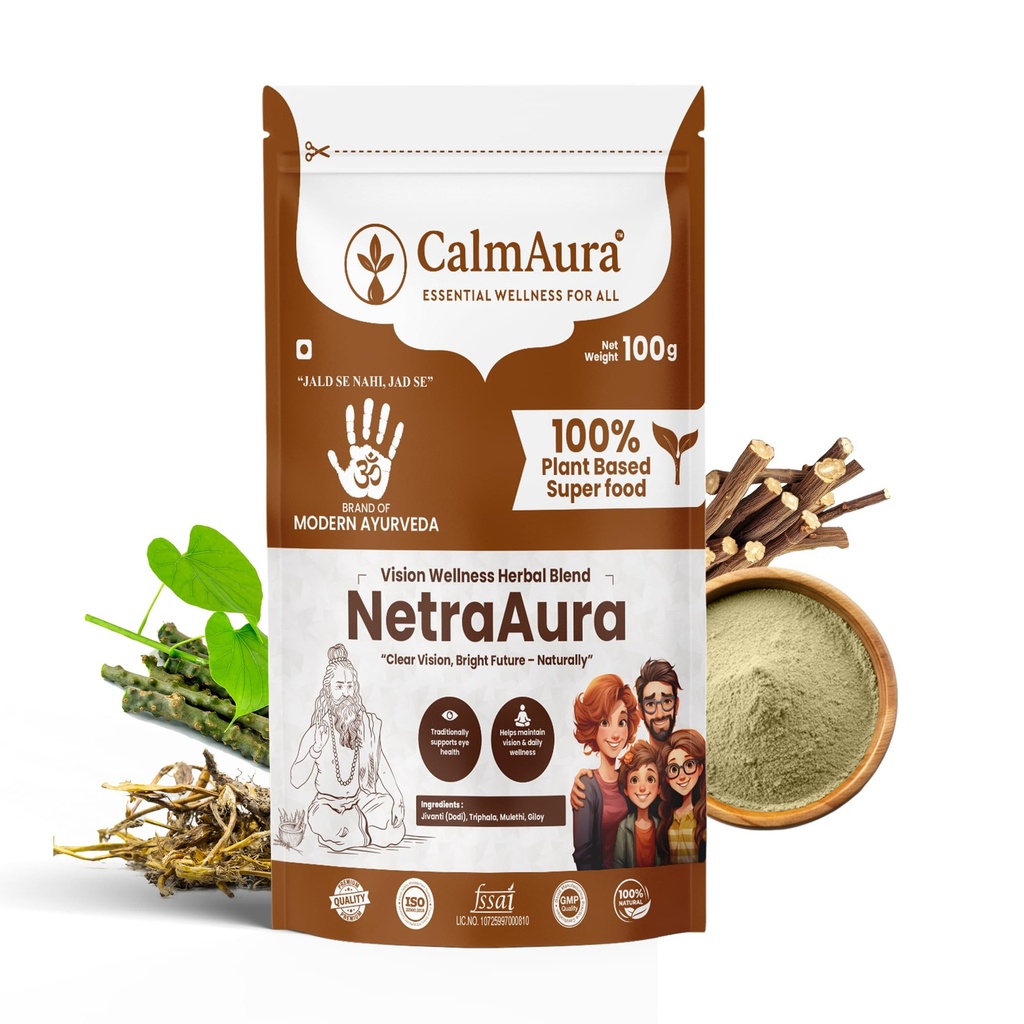CalmAura NetraAura Ayurvedic Vision Wellness Powder 100g | Herbal Eye Care for Screen Fatigue Relief & Eye Strength with Jivanti Triphala Mulethi Giloy | Vegan