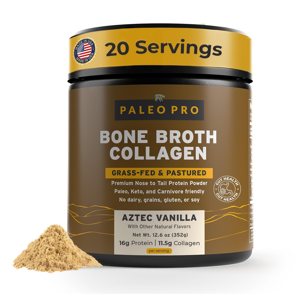 PaleoPro Bone Brothe Collagen 蛋白粉 - Turmeric Root Grass-Fed Collagen Powder for Skin & Bones - Gluten Free, No Sugar, Soy, Grains, Net Carbs - Paleo Keto 友好20 服务阿兹特克·瓦尼拉