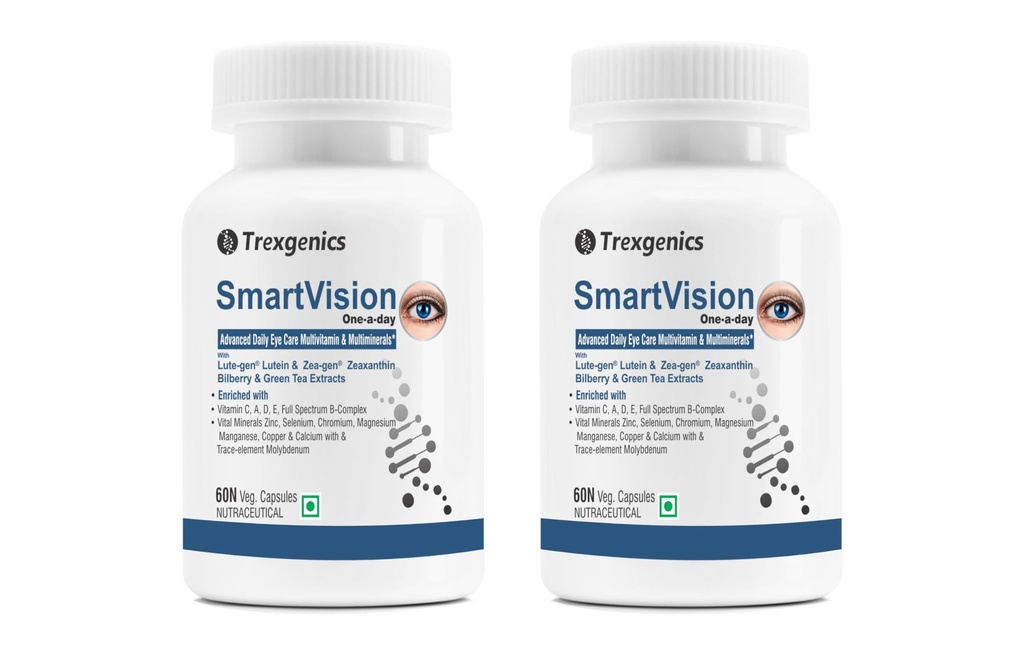 Trexgenics SmartVision Advanced Eye Care Multivitamin with Lutein, Zeaxanthin, Bilberry, Green Tea, Vitamin A, D, E, C, B-Complex and Minerals One-a-Day Formula -60 Veg. Capsules -Pack of 2