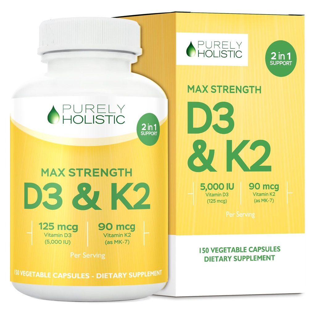 纯全素维生素D3 125mcg和维生素K2 90mcg MK7-4 月供应 150 蔬菜卡普尔 - 维生素D3和K2 Menaqunione - 在美国制造的高强度胆固醇