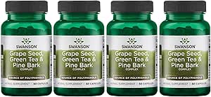 Swanson Grape种子 Green Tea & Pine Bark 复杂心血管免疫支持健康 抗氧化剂 健康血压支持 多酚 OPCS 草药补充60 Capsules (caps)(4包)