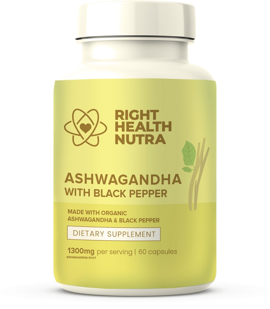 右健康 Nutra Ashwagandha Capsules - 60 Counter - 1300mg 个人服务 - Ashwagandha 男女使用黑辣椒进行最大吸收 - 在美国制造的补充