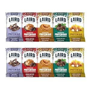 Laird Superfood 功能蛋白棒 – 蛋白棒 但与真正的成份更好,功能蘑菇 10g 植物基蛋白 6g Fiber - 非GMO - 5 Flavor Variety Pack, 10 Counter (Pack of 1).