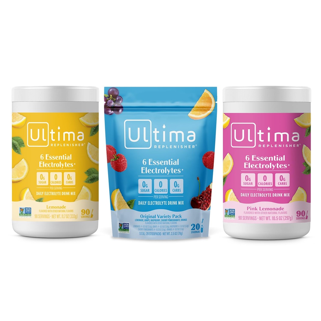 Ultima Electrolyte Powder Drinch Mix Bundle – 免糖浆 – 柠檬水,Pink Lemonade, Variety-90 services, 20 Stickpacks– 6 Electrolytes and Minerals – Keto Friendly, Vegan, N-GMO (英语).