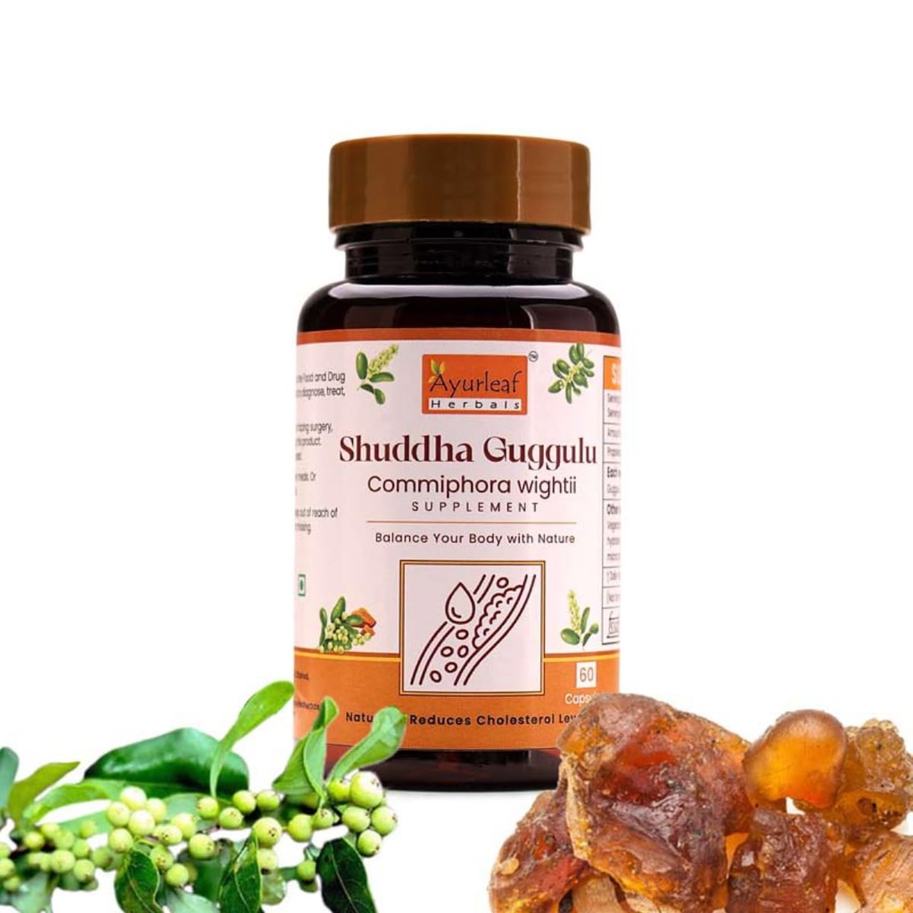 Ayurleaf Herbals Pure Ayurvedic Shuddha Guggulu Capsule | Health and Wellness Support | Weight and Cholesterol Management | Stress Relief and Immunity Booster (60 Capsules)