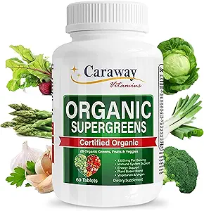 有机超级食品 维生素 超级绿色综合体 由Caraway Vitamins 1,350 mg / service 28 果实 蔬菜 绿化 60 count tables 非GMO 男女自然