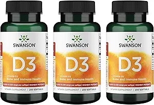 Swanson维生素D3 - 维生素补充剂促进骨质健康与免疫系统支持 - 天然支持钙分配与吸收 - (250软胶) 3 Pack