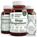Natural Nutra Mega Magnesium 400mg Supplement - High Absorption Amino Acid Chelate, Better Vibes, Citrate, Malate Blend for Muscle Growth, Bone Strength, Heart Health, Nerve Support - 90 Capsules