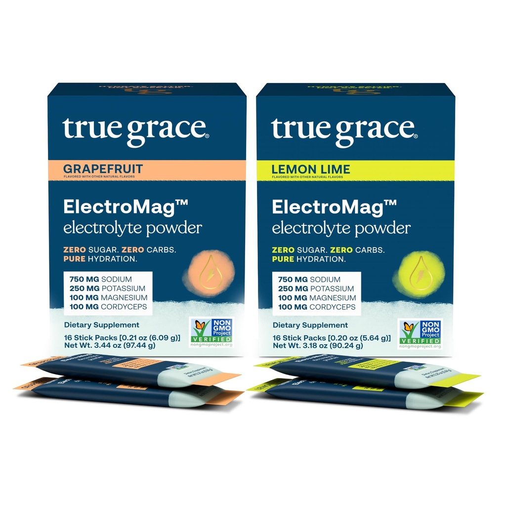 True Grace ElectroMag - 葡萄果(16个棒包) + 柠檬莱姆(16个棒包) - 快速水分的电解粉 - 零糖和碳糖 - 非GMO - 32个总功用