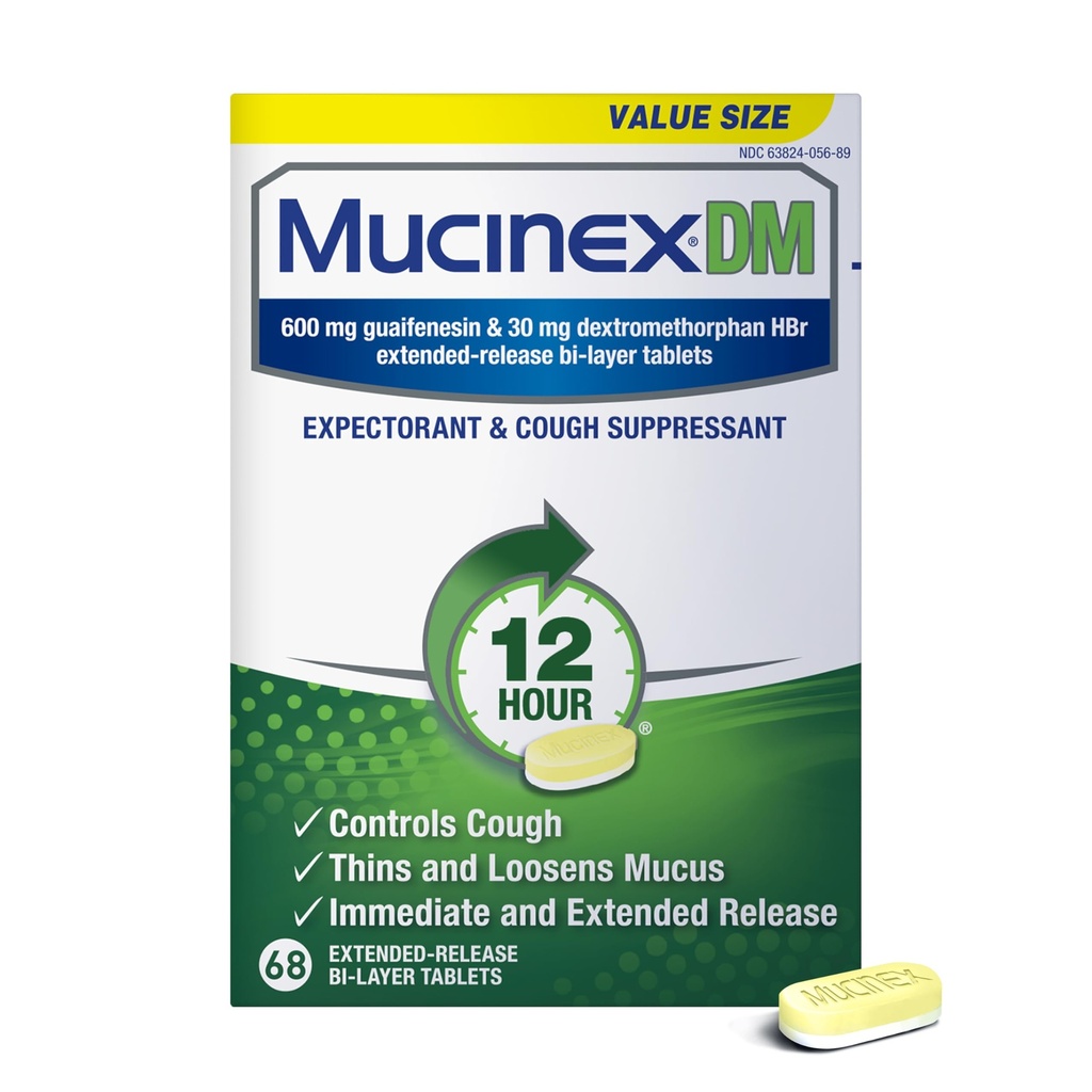 Mucinex 12Hr 成人胸腔摄入和咳嗽药物、超量 Mucus Relief的冷和咳嗽药物、600 mg Guaifenesin 和 30 mg Dexteromephan HBr, 68 双层药片