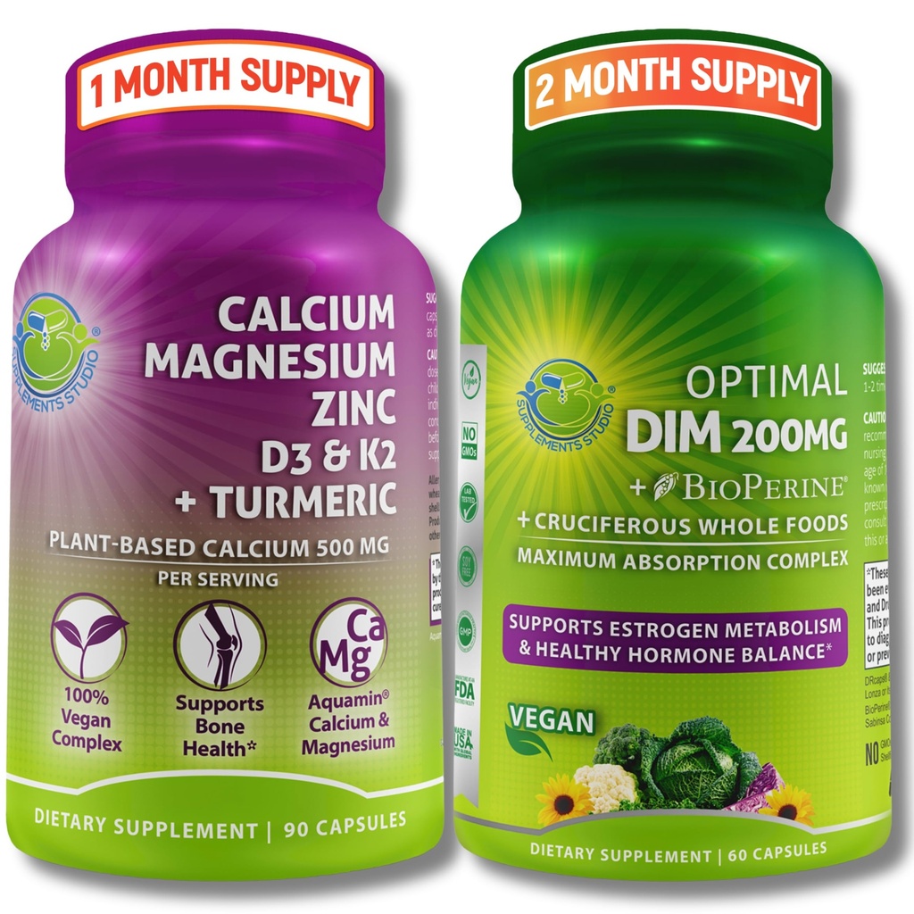 Bone & Hormonal Support Bundle – DIM 200mg with BioPerine® & Cruciferous Vegetables + Plant-Based Calcium 500mg, Magnesium, Zinc, D3, K2 & Turmeric – Vegan, Non-GMO, Clean Daily Wellness Support