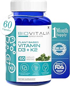 Biovitalia 植物基维生素D3 + K2 60 Capsules for Men & Men & Women + 食物补充 + 支持Imune System & Bone Health → 促进钙吸收 - 60 Vegan Capsules