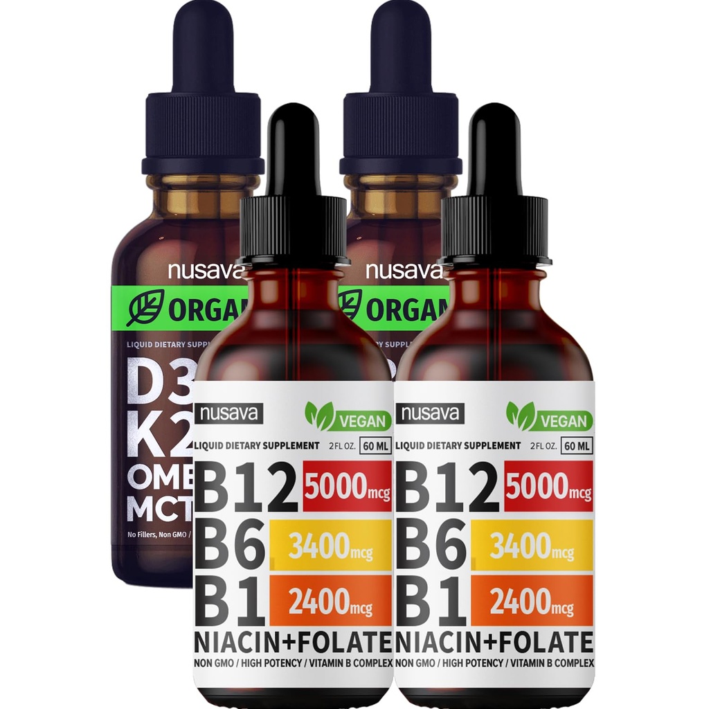 NUSAVA 维生素 B12 液滴和不味 D3 K2 包 - 强力液体维生素用于心脏,联合,能量,和免疫支持 - 非GMO,Gluten-Free,各2pk