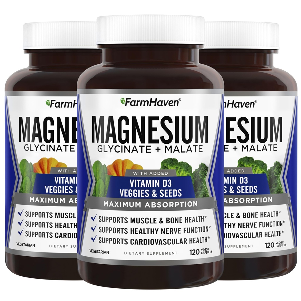 FarmHaven Magnesium Glycinate & Malate Complex w/ Vitamin D3, 百分百切除最大吸附, Vegan – Bone Health, Nerves, Muscles, 360 Capsules, 180天