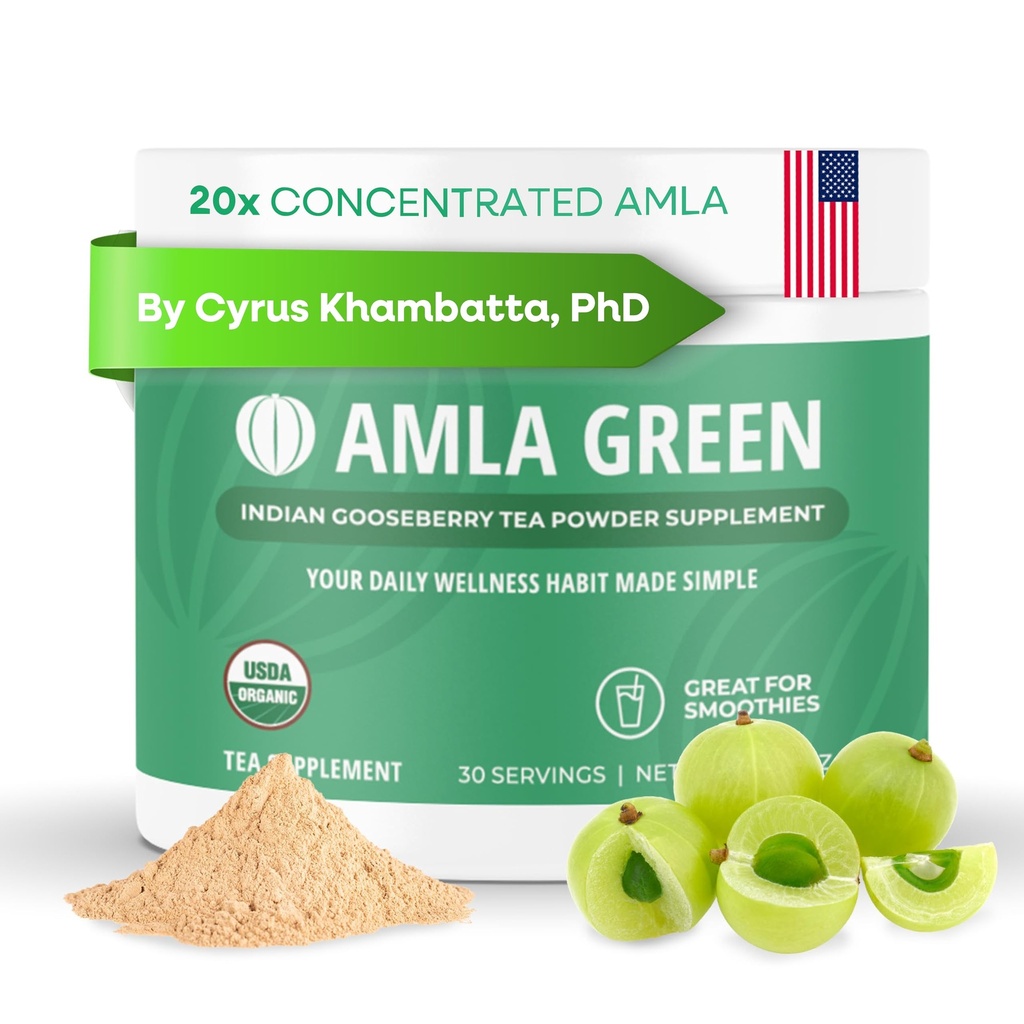 Amla Powder & Green Tea Superfood Supplement, 20x Ultra Centred Amla, 抗氧化剂支持,用Oolong Tea 和印度鹅莓制造,有机, Vegan,经典火焰, 30种服务