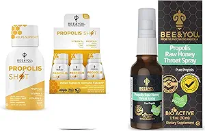 BEE and You Bundle: Propolis Shot with Vitamin C, D3 和 Zinc with Propolis Raw Honey Throat Spray, Ultra Pure, 100% Natural, 免疫支持,超级食品