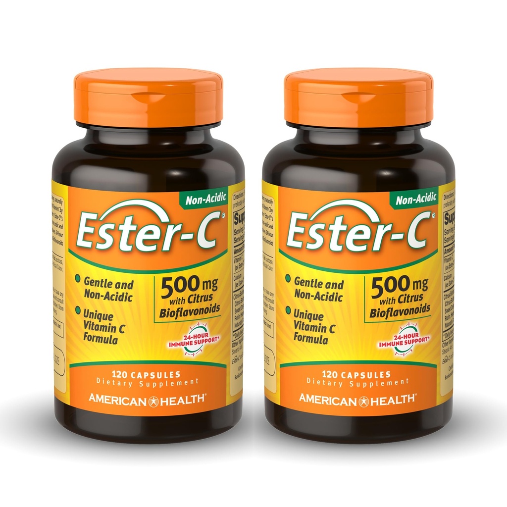 含有Citrus Bioflavoids的美国健康Ester-C 500毫克 - 120卡普尔(2包) - 24小时免疫支持 - 非GMO,Gluten Free - 120总服务