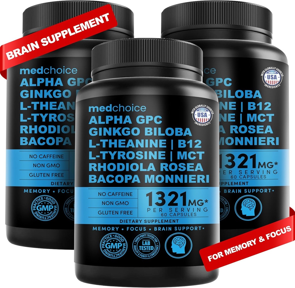 12 in-1 Nootropic Brain Supplement Anhydrous: Ginkgo Biloba for Brain Support, Memory and Focus - B12, Alpha GPC, L Theanine 和 Choline 配有生素无咖啡酸1321mg(180ct)的辅料.