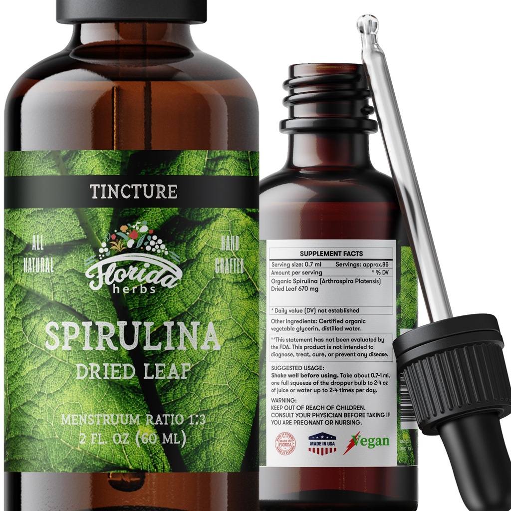Spirulina Tincture,有机螺旋藻萃取剂(Arthrospira Platensis)草药补充剂,冷前置有机植物甘油中的非GMO,700毫克,2 oz(60毫升)