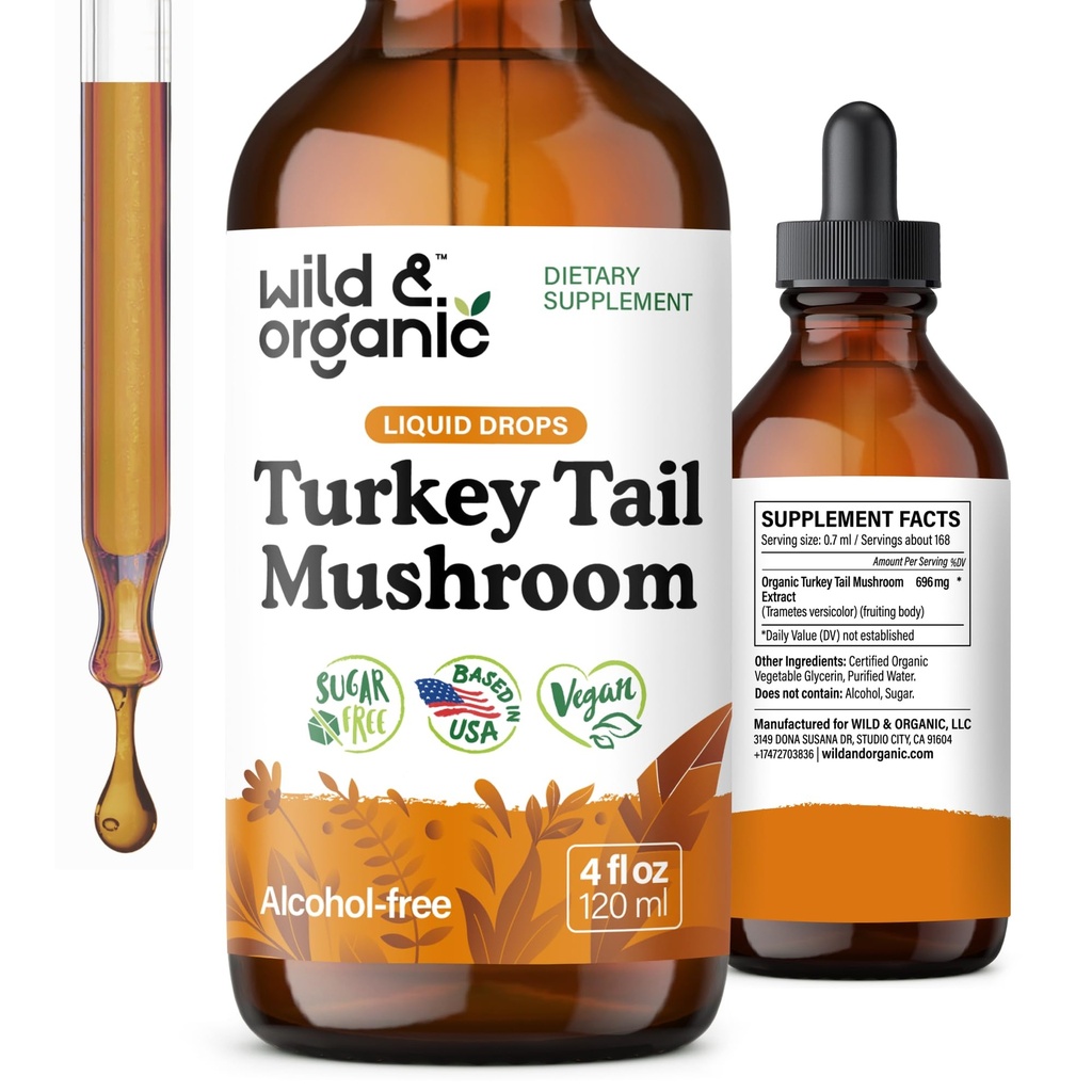 野生和有机土耳其 Tail Mushroom Tincure - 与土耳其的 Immune Supports Teil 提取 - 液态蘑菇补充剂 Gut Support - Vegan,糖和无酒精 - 4 fl oz