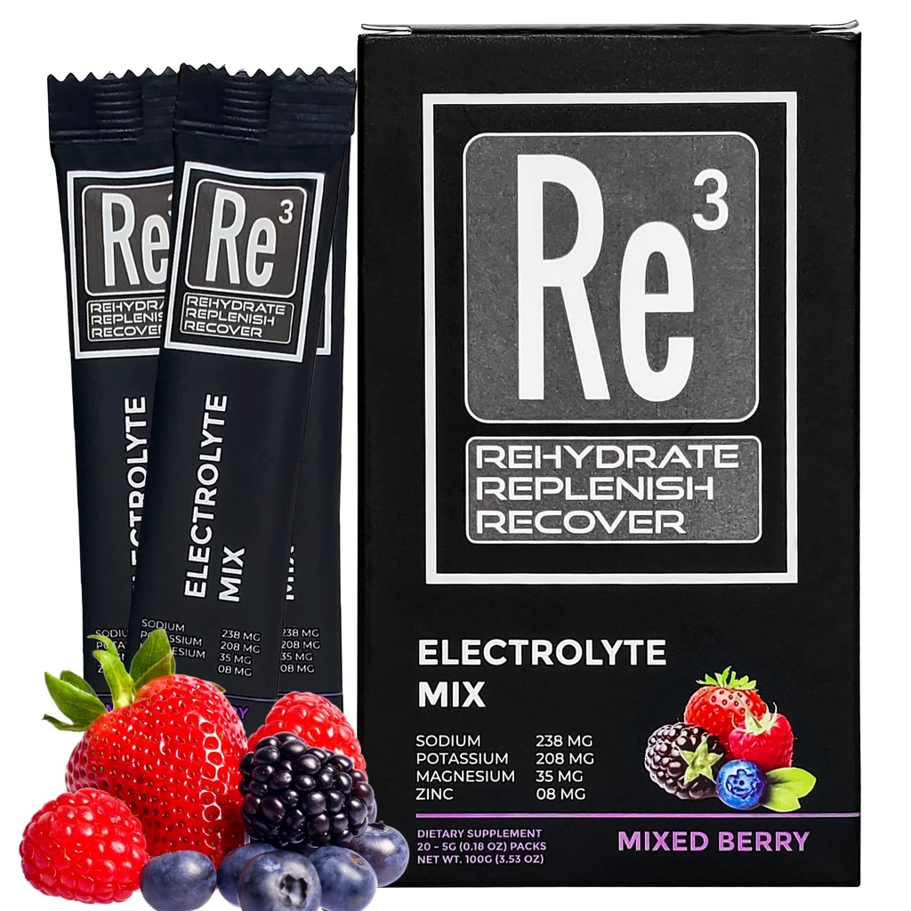 Re3 - Rehydrate - Replenish - Recovery - 回收电解石粉包. 无糖,7C,1.4卡布。 最佳维生素和矿物混合物(混合莓)