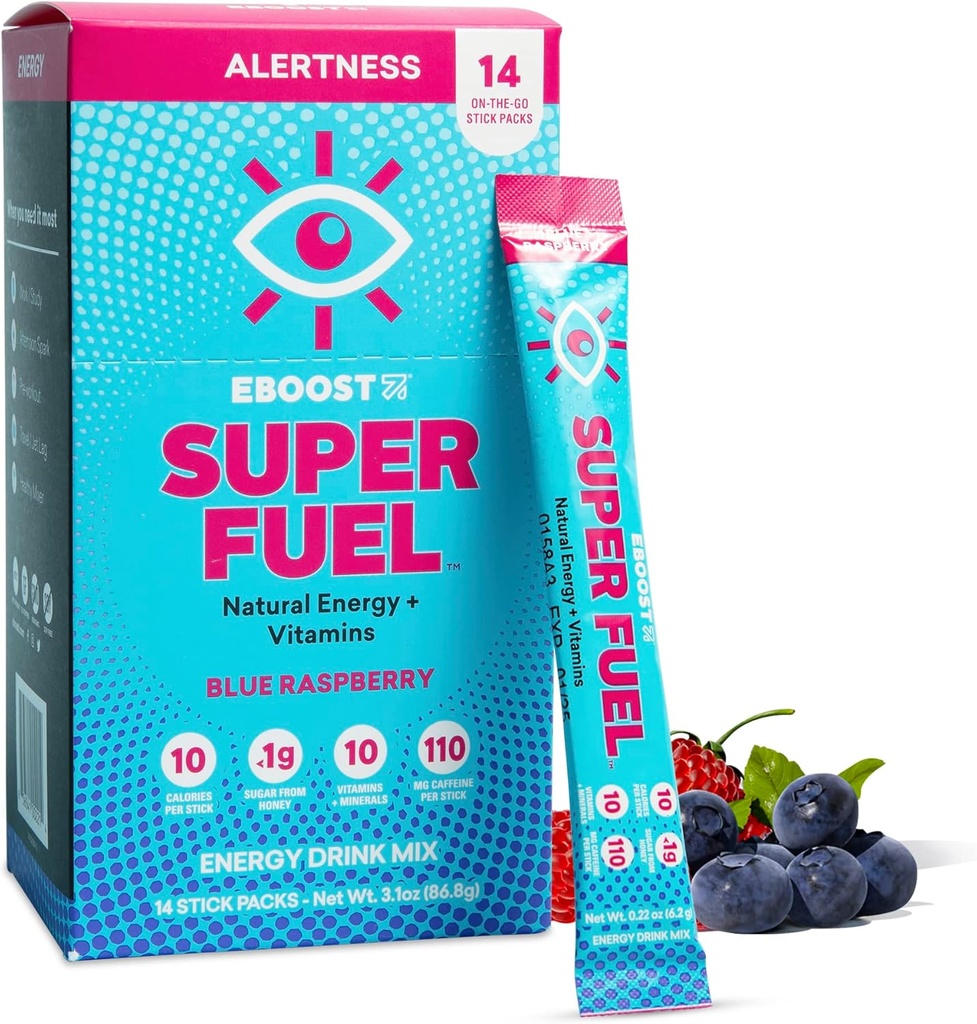 EBOOST Energy Drink Powder, Super Fuel - Blue Raspberry, 14 Packets - Pre-Workout Powder Energy Drink Mix - Natural Energy, L-Tyrosine, L-Theanine & Vitamins - Preworkout for Women & Men to Go