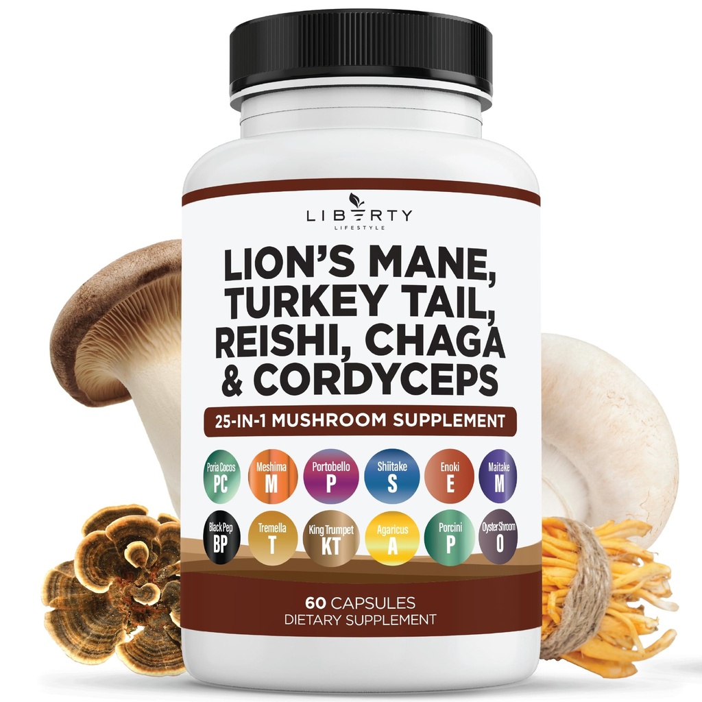 狮子马恩蘑菇 与土耳其 Tail Reishi Cordyceps Chaga 和 棉花糖根 - 1-Pack
