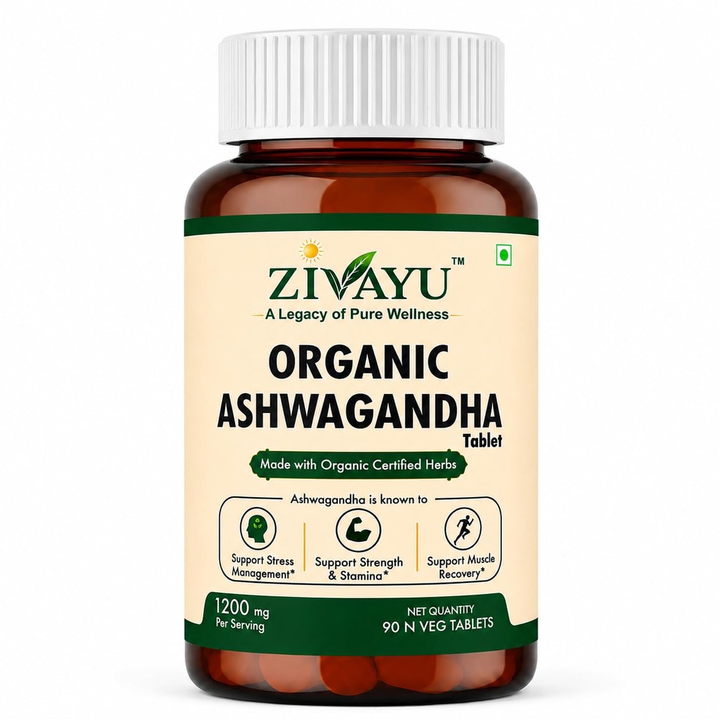 Organic Ashwagandha Tablets 1200mg (600mg x 2 Per Serving) - Supports Stress & Anxiety Relief, Sleep & Muscle Recovery - USDA & India Organic Certified - Heavy Metal Tested - 90 Tablets