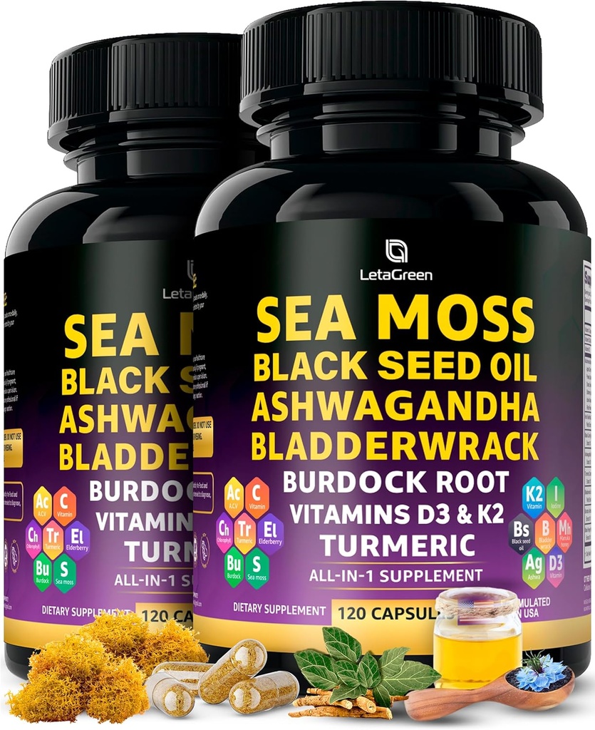 Sea Moss Capsules – 17-in-1 Blend with Black Seed Oil Ashwagandha Bladderwrack Burdock 根图尔默克 维他命 D3 K2 C 代表每日健康 – 男女多矿物质补充 – 240 计数