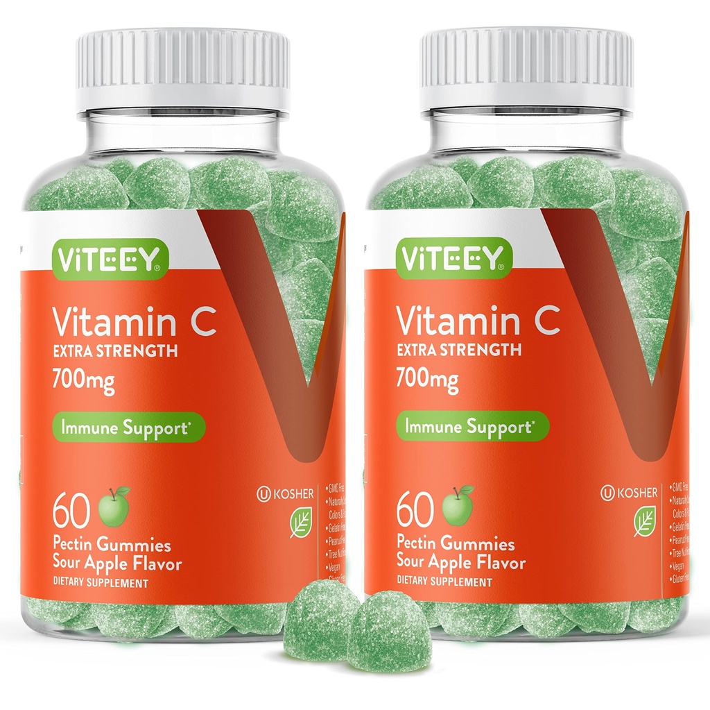 Viteey Chewable Vitamin C Gummys for adderns - 700mg 超强免疫支持补充 - Vegan, Gluten Free - 120 计数