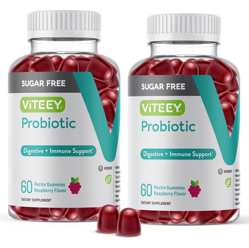 Viteey Probiotic Gummys for Women, Men and Teens, 2 illion CFUs - 无糖 - Immune Boster, 消化支持, Gut Health - Vegan, Gelatin Free, GMO Free - Tasty Chewable Raspberry Flavored Gummy (英语).