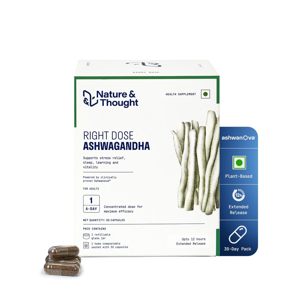 Nature & Thought Right Dose Ashwagandha | Upto 12hr Extended Release ASHWANOVA™ |All Day Stress, Anxiety & Sleep Support | Clinically validated | 1-A-DAY | 30 Veg Capsules for Men & Women