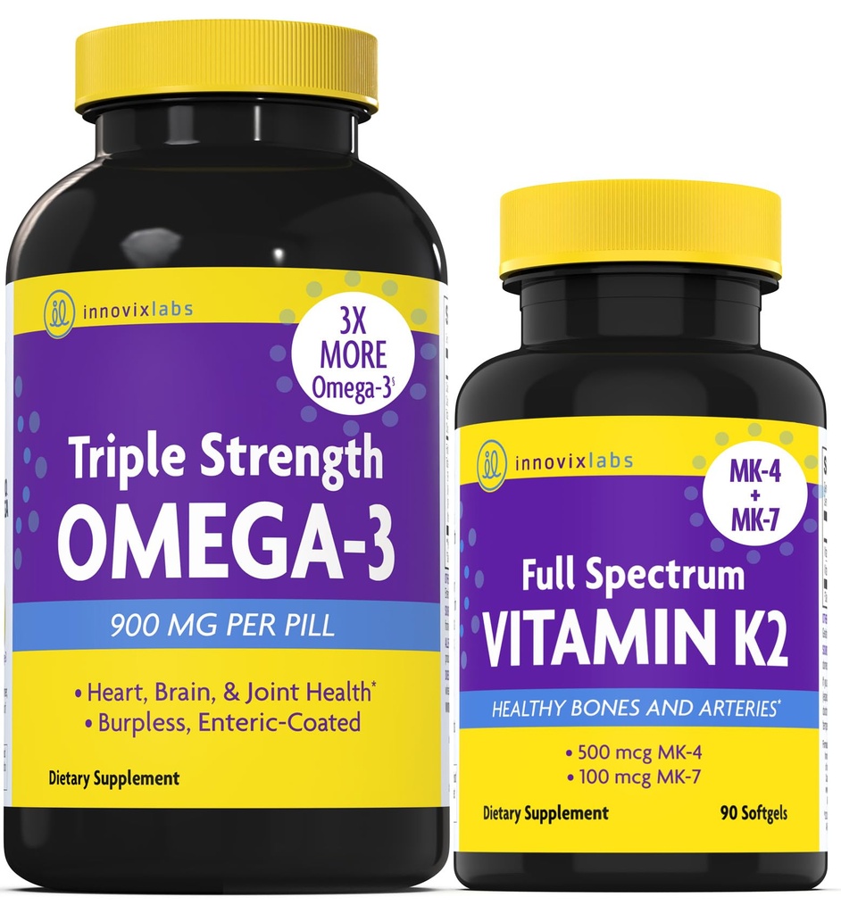 InnovixLabs维生素K2 & Triple Omega Bundle Full Spectrum Vitamin K2(90 Softgels) 三强Omega-3鱼油(200 Softgels). * 支持健康骨骼、动脉和关节。