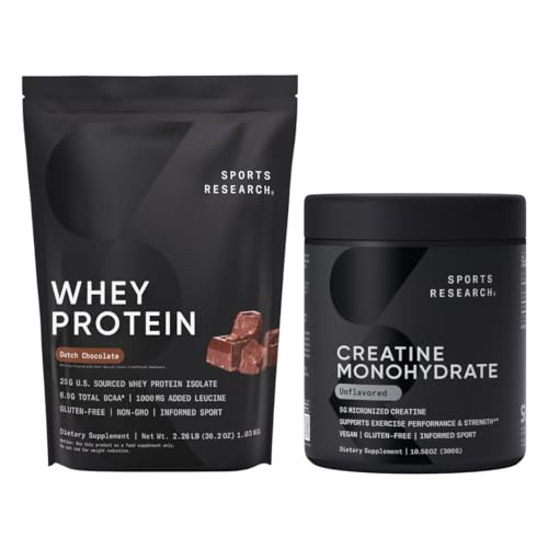 运动研究 • Creatine Monohydrate(10.58 oz)和荷兰巧克力Whey蛋白(2磅),精益肌肉建筑的动态杜奥,改进性能和力量与工作恢复