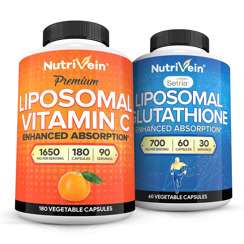 Liposomal维生素C 1650mg & Liposomal Glutathione Bundle - 高吸附酸加成主抗氧化剂和肝脏清洁剂 - 非GMO、Vegan/Vegetarian - 180+60卡普尔