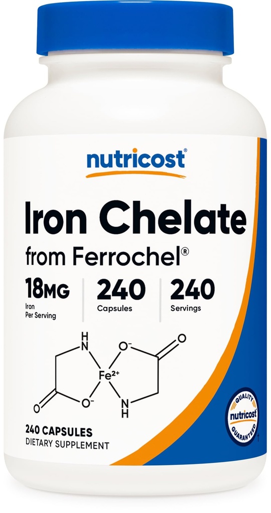 营养成本 Chelated Iron(来自Ferrochel) 18mg, 240 Capsules - Gluten Free, 非 GMO 铁Chelate 补充