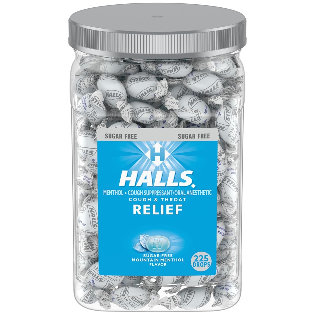 Halls Relief Mountain Menthol 甘蔗自由的咳嗽滴、大块咳嗽滴、225滴