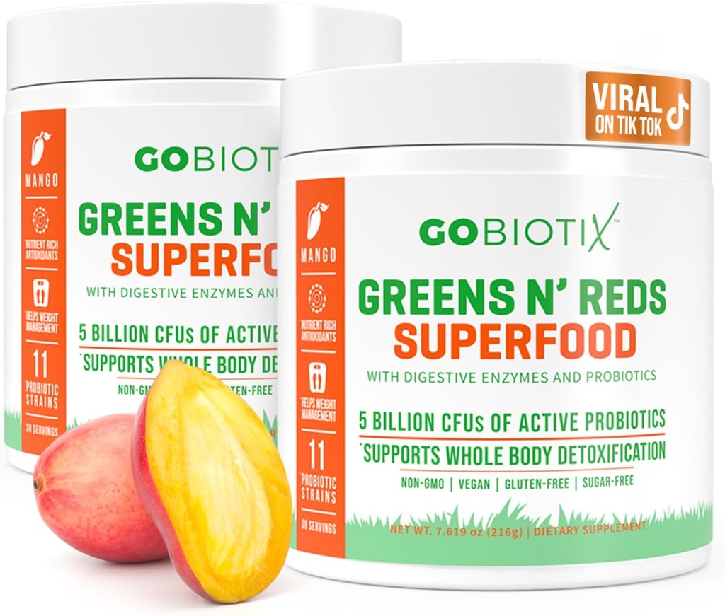 GOBIOTIX 超级绿与红粉 - 红与绿色超级食品 - 亲生补充剂 - 消化酶和甜菜根粉 - 有机全食补充剂(芒果,2 Pack)