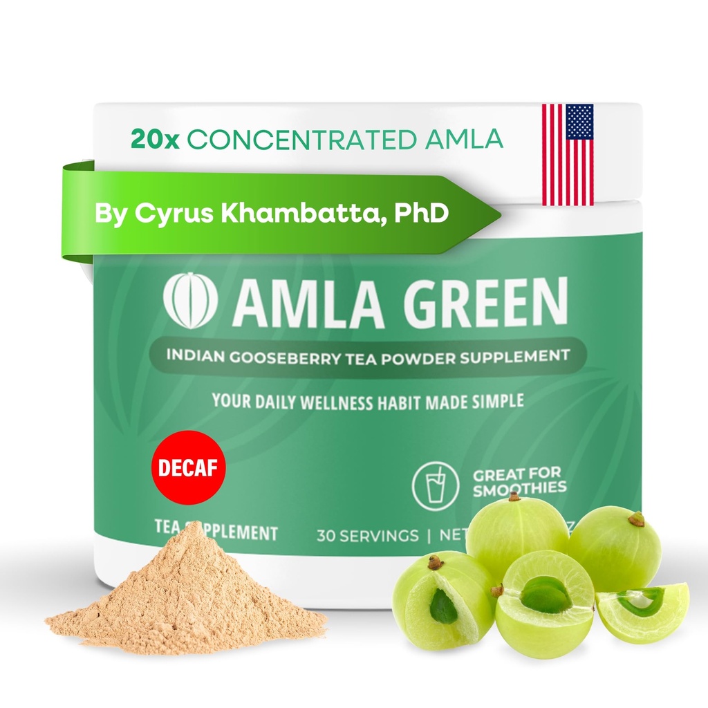 Amla Powder & Decaf Green Tea Superfood Supplement, 20x Ultracented Amla, 抗氧化剂支持,与Oolong Tea 和印度鹅浆,有机, Vegan, 无咖啡因, 30种服务