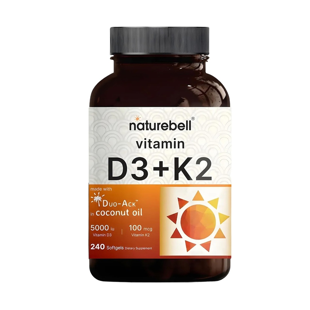 NatureBell Vitamin D3 5000 IU + K2 100 mcg, 240 Softgels → Daily 2-in-1 配有 Virgin Coconut Oil → Bone, Heart & Immune Support → MK-7 Form → K2 100 mcg, 240 Softgels → 配有 Virgin Coconut Oil → Bone, Heart & Immune Supports → MK-7 Form → Non-GMO, Gluten-Free