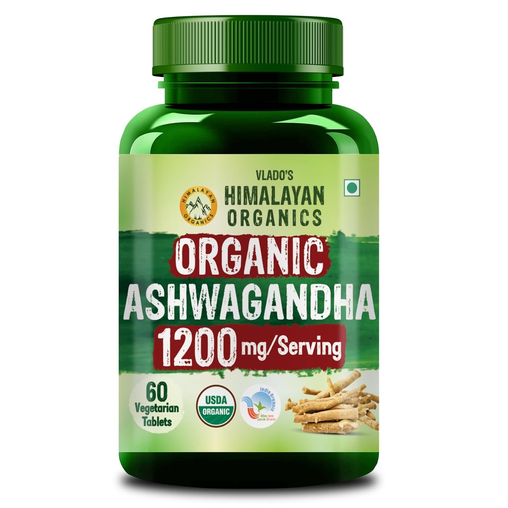 Vlado's Himalayan Organics Organic Ashwagandha 1200mg Tablets | Stress & Anxiety Relief Tablets | Ashwagandha Powder tablet 1000 mg | Rejuvenates Mind & Body General Wellness, Boost Energy ,Strength Stamina & phycial powder - Performance Booster - 60 Tablets