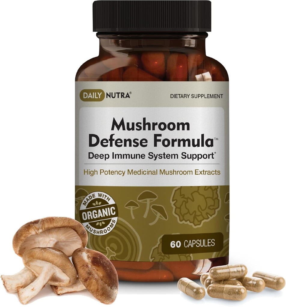 DailyNutra 蘑菇防御公式 - 免疫支持补充 → 有机蘑菇,热水抽取 - Reishi, Chaga, Maitake, Shitake & Turkey Tail (60 Capsules)