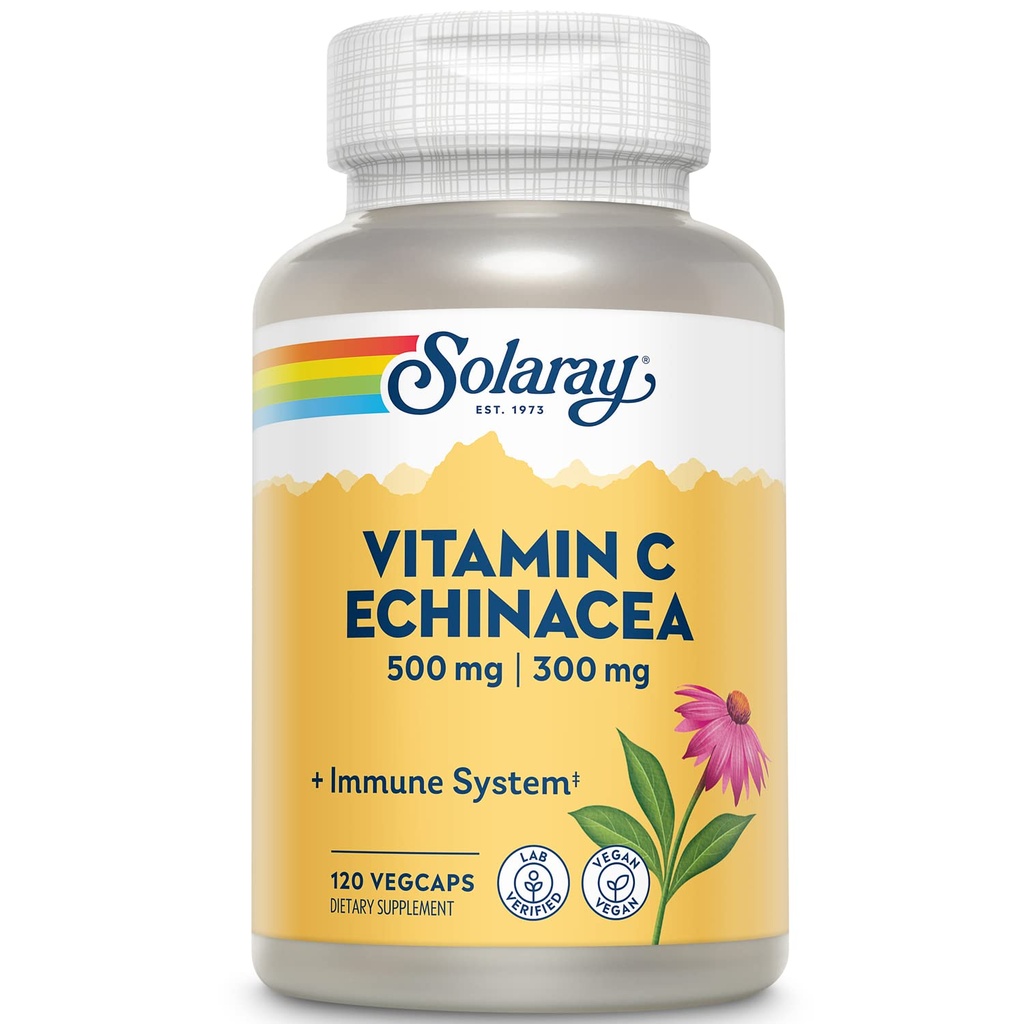 SOLARAY 维生素 C 和 Echinacea 根 健康免疫系统支持 w/500 mg VIT C 和 300 mg Echinacea Per Capsule → N-GMO & Vegan → 120 Veg Caps