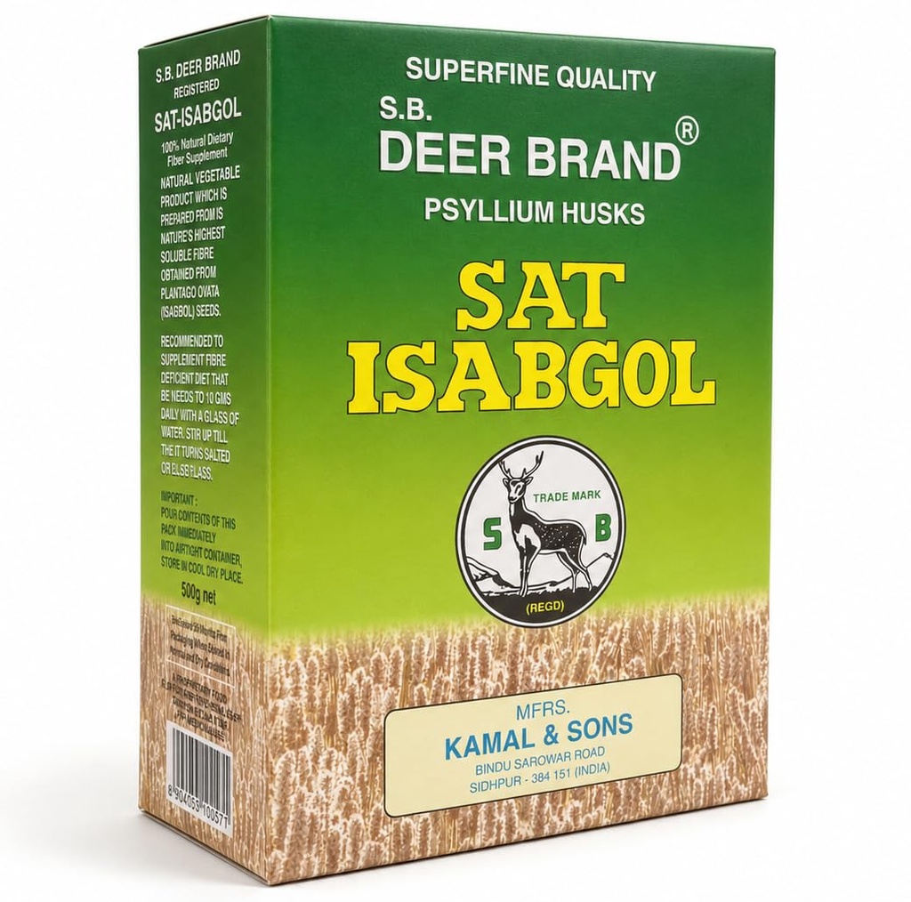 S.B. DEER BRAND Sat Isabgol Psyllium Husk HIRAN Brand 500GM (Pack of 1)